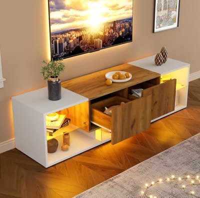 DESMIU Tv-Meubel - Met Dimbare Ledverlichting En 2 Laden - Voor Woonkamer En Slaapkamer - Spaanplaat En Glas - 160x40x42 Cm - Wit Naturel