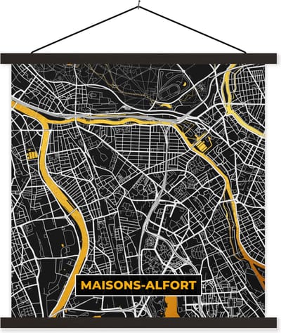 Posterhanger incl. Poster 60x60 cm - Schoolplaat - Kaart – Stadskaart – Maisons-Alfort - Plattegrond – Frankrijk - Textielposter - Zwarte latten - Stadskaart