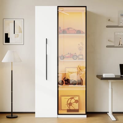MODFU - Multifunctionele Vitrinekast - Uitschuifbaar Boekenrek En Ledverlichting - Modern - Voor Woonkamer - MDF - Wit - 70 X 40 X 160 Cm