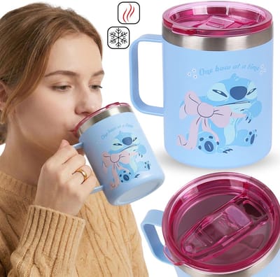 DISNEY Stitch Thermische beker met handvat, voor koffie, roestvrijstalen reisbeker, lekvrij 400 ml