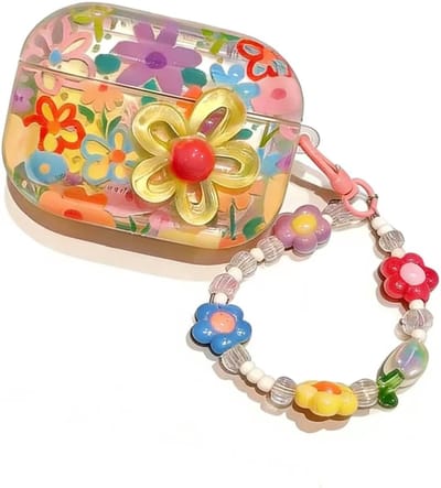 Daity Een beschermhoesje voor AirPods 4 (model 2025), transparant hoesje met sluiting, zacht TPU-materiaal, met sleutelring, 3D kleurrijke bloemen (roze).