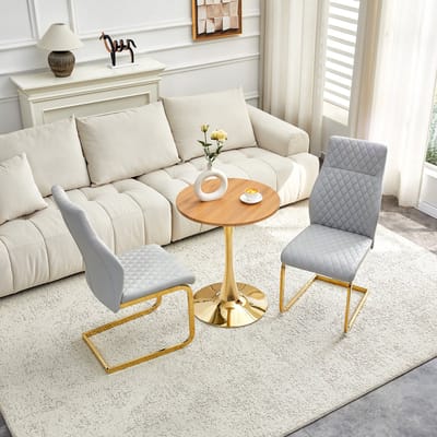 OKWISH Eethoek Set 60 Cm - Ronde Tafel Met 2 Stoelen - Voor Eethooek Of Koffiehoek - MDF, Metaal En PU-Leer - Goud Lichtgrijs
