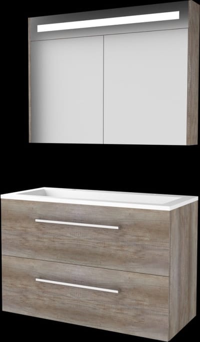 Basic Premium 46 badmeubelset met spiegelkast met geïntegreerde LED verlichting, wastafelonderkast met grepen, 2 lades en acryl wastafel met 2