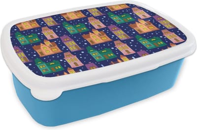 Broodtrommel Blauw - Lunchbox - Brooddoos - Winter - Patroon - Huis - 18x12x6 cm - Kinderen - Jongen