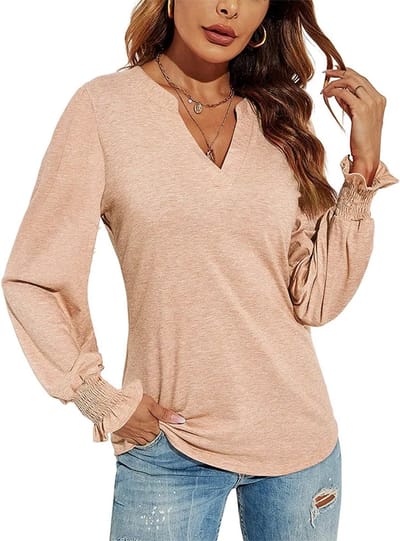 ASTRADAVI Casual Wear - Dames V-Hals Blouse - Stijlvolle Top met Geplooide Mouwen - Abrikoos / Small