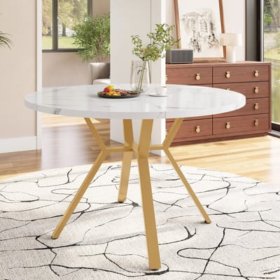 DESMIU Eettafel - Ronde Marmeren Tafelblad Met Gouden X Metalen Onderstel - Voor Woonkamer En Eetkamer - MDF En Staal - 100 Cm - Wit Goud