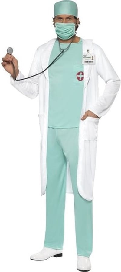 Carnaval verkleed Dokter/Chirurg kostuum - verkleedkleding ziekenhuis - witte jas en groen pak - voor heren 48/50