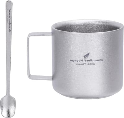 220 ml Titanium Koffiemok - Dubbelwandige Mini Cup voor Espresso, Thee, Kamperen en Reizen, Duurzaam en Lichtgewicht Drinkgerei met Koffielepel