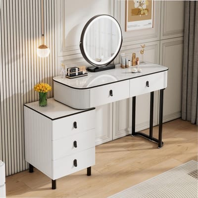 Sierra, Make-uptafel met dimbare lampen, kaptafel met 5 laden van massief hout, flexibele montage, 100 x 40 x 125 cm, moderne kaptafel, wit + zwart, MB6109ws