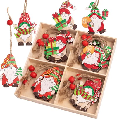 Set van 12 Houten Kersthangertjes voor de Kerstboom, Decoratie met 4 Verschillende Patronen, Feestelijke Versiering voor de Feestdagen