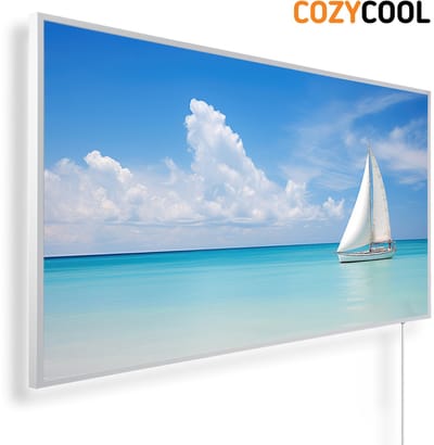 Infraroodpaneel met afbeelding | Zeilboot op zee blauwe lucht | 1200 Watt | Witte lijst | Infrarood verwarmingspaneel | Infrarood paneel | Infrarood verwarming