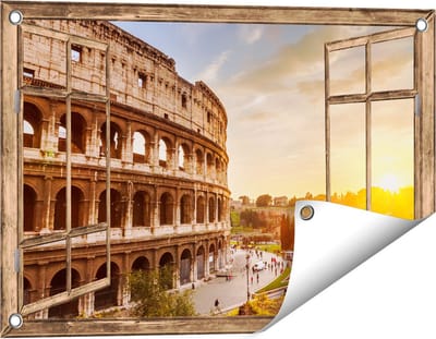 Gards Tuinposter Doorkijk Colosseum bij Zonsondergang in Italïe - 60x40 cm - Tuindoek - Tuindecoratie - Wanddecoratie buiten - Tuinschilderij