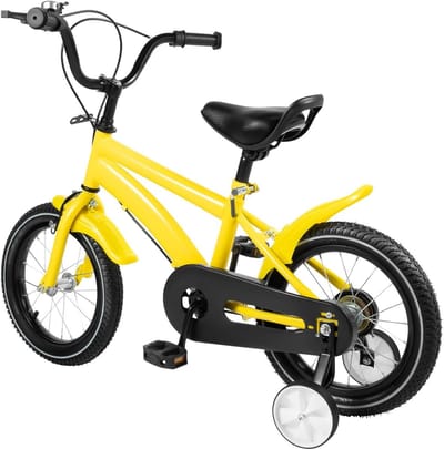 Kinderfiets 14 inch - Jongens en meisjes - Veilig leren fietsen - Met steunwielen - 100 cm lengte - Geel zwart
