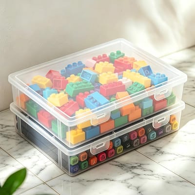 Plastic Opbergdozen Set van 2, 23 x 17 x 5 cm, Rechthoekig, Stapelbaar met Deksel voor Documenten en Kantoorbenodigdheden Organiseren