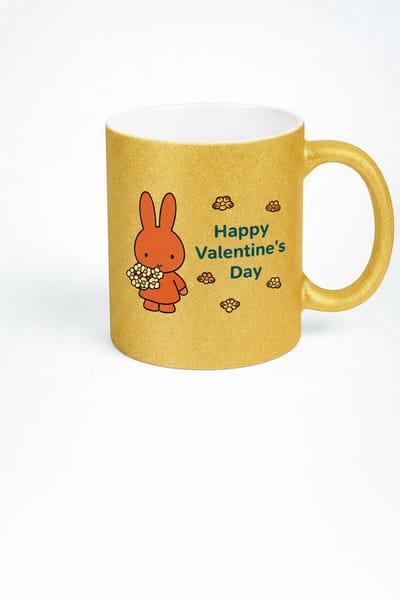Gouden Glitter Mok 'Happy Valentine's Day' met Lief Konijntje - Uniek Valentijnscadeau