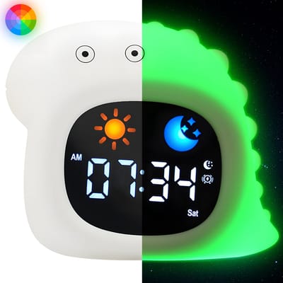 Maness® Dino Slaaptrainer - Kinderwekker - Slaapwekker - Met nachtlamp functie en wekker timer - Slaaphulp voor kinderen vanaf de peuter leeftijd - Ook leuk als nachtlampje voor baby's