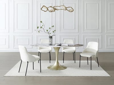 Vente-unique Eettafel voor 8 personen van keramiek en goudkleurig metaal - Wit marmereffect en grijs - ELVA van Maison Céphy
