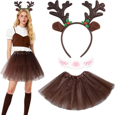 Drie-delige Kostuum met Hertenantlers, Tutu Rok en Gezichts-Tatoeage voor Carnaval en Halloween Cosplay