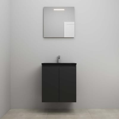 On-Line Badkamermeubelset - 60 cm - Bouwpakket - Greeploze Ladestructuur - Acryl Wastafel - 1 Kraangat - Spiegel met LED-Verlichting - Mat Zwart