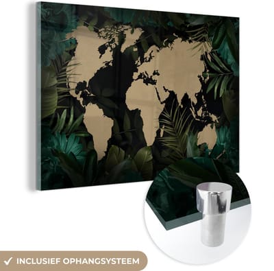 ® Glasschilderij 150x100 cm - Schilderij acrylglas - Wereldkaart - Zwart - Planten - Foto op glas - Muurdecoratie woonkamer - Wanddecoratie slaapkamer - Schilderijen