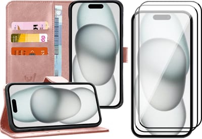 Hoesje geschikt voor iPhone 15 - 2x Screen Protector FullGuard - Book Case Kunstleer Pasjeshouder Rosegoud & Screenprotector