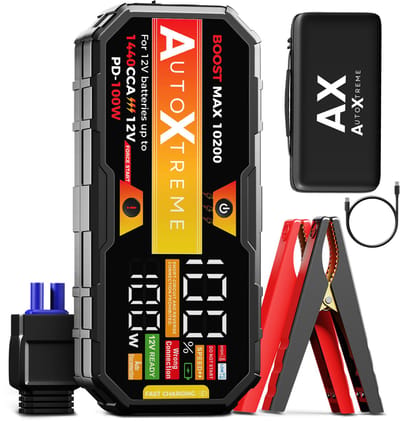 AutoXtreme Jumpstarter 12V voor Auto – 1440 CCA - Boost Max 10200 – Starthulp met Forcestart, LED-scherm & Powerbank – Incl. Zaklamp & Opbergkoffer