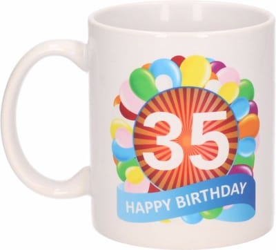 35 jaar Verjaardag koffiemok - cadeau beker - feestelijke ballonnen print - 300 ml - keramiek - wit