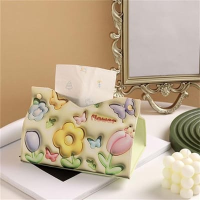 3d Visueel Effect Bloem Gedrukt Tissuebox Ins Stijl Papieren Servettenhouder Schattig PU Leer Thuis Auto Papier Opbergdozen Meisjes Cadeaus