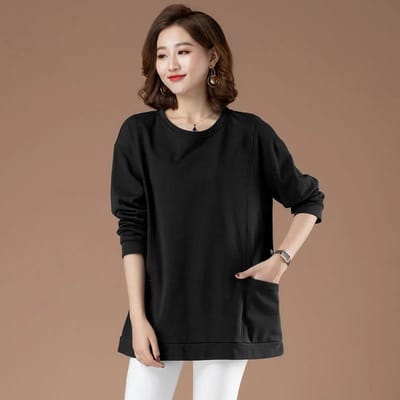 Dames Effen Kleur Shirts Zomer Herfst Losse Dunne T-shirt Casual Pullover Shirt Boutique Katoenen Tops voor Mama M zwart