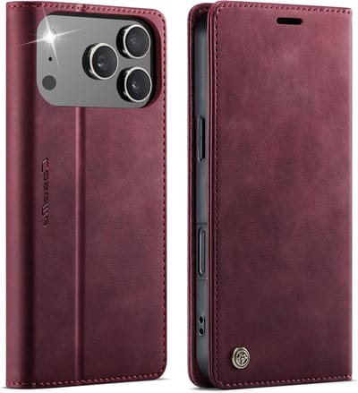 Premium PU Leren Flip Case voor iPhone 17 Pro met RFID Bescherming, Vouwbare Stand en Kaartvak - Wijnrood