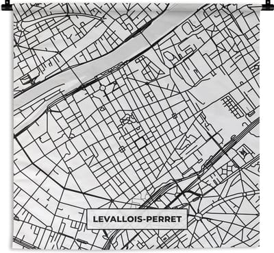 Wandkleed - Wanddoek - Levallois-Perret - Stadskaart - Plattegrond - Kaart - Frankrijk - Zwart wit - 180x180 cm - Wandtapijt