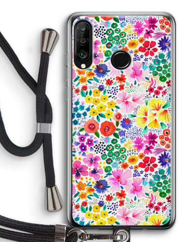 Case Company® - Hoesje met koord geschikt voor Huawei P30 Lite hoesje met Koord - Little Flowers - Telefoonhoesje met Zwart Koord - Bescherming aan alle Kanten en Over de Schermrand