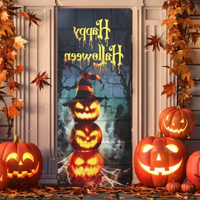 Halloween Deurafdekking - Feestdecoratie Deur - Enge Sfeer Creëren - Pompoen Heks Ontwerp - 180 x 75 cm - Kleurrijk