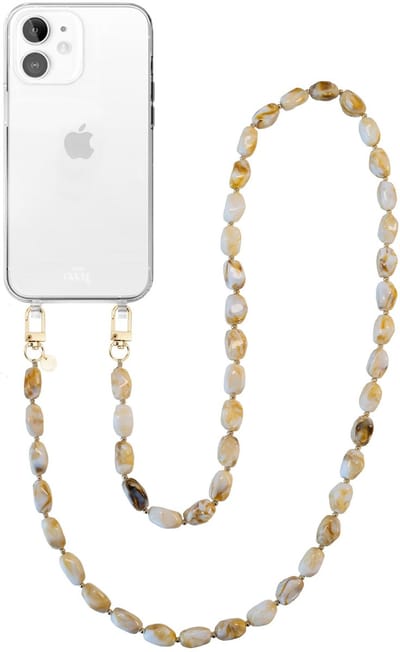 xoxo Wildhearts telefoonhoesje geschikt voor iPhone 11 - Moonlight (lang koord) - siliconen hoesje met koord - Backcover met telefoonkoord - Telefoonhanger stenen ketting - Beige / Wit