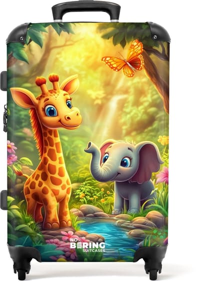 NoBoringSuitcases.com® - Kinderkoffer - Kindertrolley jongen en meisje - Giraf en olifant bij beekje in de Jungle - Koffer kind groot - Rolkoffer lichtgewicht - Reiskoffer met 4 wielen - Grote trolley XL - 20 kg bagage
