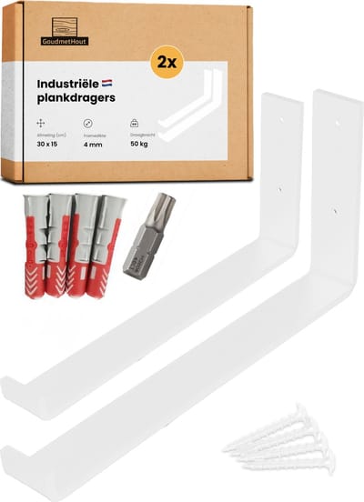 GoudmetHout Industriële Plankdragers L-vorm UP 30 cm - Staal - Mat Wit - 4 cm x 30 cm x 15 cm - Plankendrager