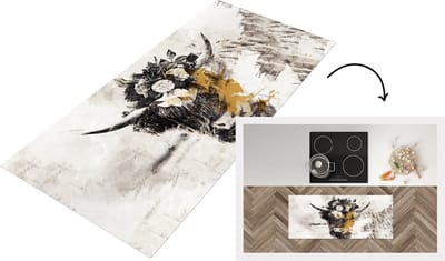 Keukenloper - Loper keuken - Schotse hooglander - Bloemen - Goud - 120x50 cm - Keukenloper vinyl