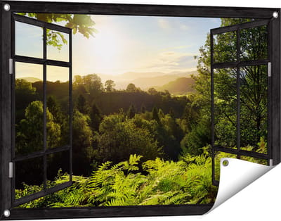 Gards Tuinposter Doorkijk Zonsondergang vanuit een Bos - 90x60 cm - Tuindoek - Tuindecoratie - Wanddecoratie buiten - Tuinschilderij