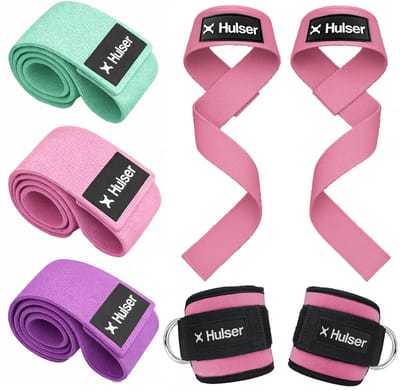 Hulser Sportieve bundel - 2 Ankle straps, 2 Lifting straps en Resistance band set - Roze - Enkel strap - Wrist wraps grips - Enkelband Cuff - Weerstandsband - Fitness booty band - Stretch elastiek - Krachttraining & Lifting
