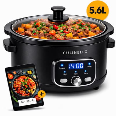 Culinello® Digitale Slowcooker met Timer – 5.6 Liter – Incl. Digitaal Slowcooker Kookboek – Uitstelbare Timer – Programmeerbare Timer – Multicooker – Rice cooker – Rijstkoker – Slow Cooker – Uitneembare Keramische Binnenpan – 3 Warmtestanden – Zwart