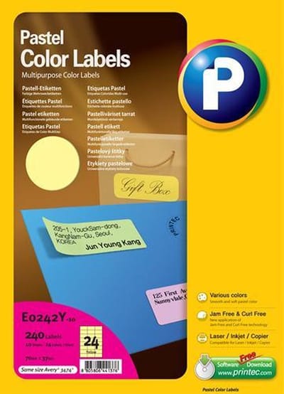 Printec Pastel Geel Etiketten - 10 Vel- 70x37mm - 24 Labels per A4 - 240 Gekleurde Stickers