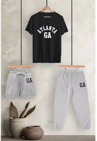 Trendy Zwart Grijs Atlanta T-Shirt met Sportieve Shorts en Joggers - Comfortabele Modieuze Set voor Vrije Tijd en Sport - S-M