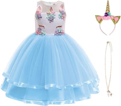 Unicorn Kostuum voor Meisjes, Prinsessenjurk met Sieraden en Hoofdband voor Verjaardagen, Cosplay en Halloween Feesten, Leeftijd 2-10 Jaar