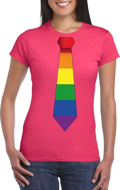 Roze t-shirt met regenboog stropdas dames - LGBT/ Gay pride shirts S