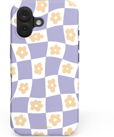 Casetastic hoesje geschikt voor Apple iPhone 16 - MagSafe - Dubbellaagse bescherming - Kronkelende madeliefjes - Fashion Case - Lila Wit Zand Lichtgrijs