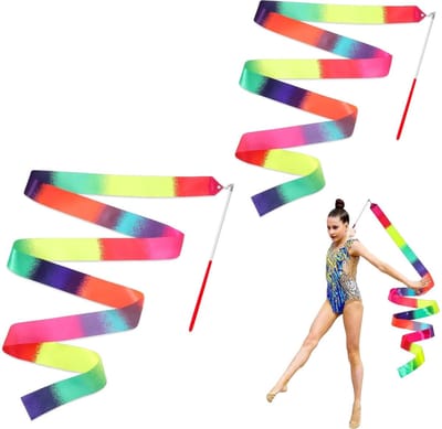 2 stuks - Lintdansstokken - 2 m - Dansregenboogstreamers - 30cm lange stok - lint dans staf - ritmische gymnastiek lint staf - lintstokken - ritmische gymnastieklinten - voor artistieke dansvlaggen, talentenshows en trainingsapparatuur - verloopkleur