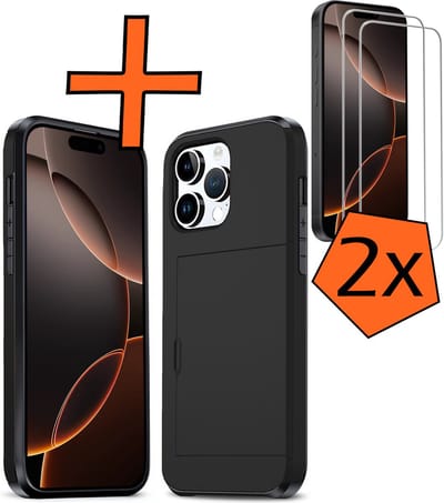 Hoesje Geschikt voor iPhone 16 Pro Hoesje Pasjeshouder Shockproof Hard Case Met 2x Screenprotector - Hoesje Geschikt voor iPhone 16 Pro Hoes Met Kaarthouder - Zwart