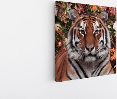 Saammp Canvas Schilderij - Tijger tussen de bloemen - Dieren - 20x20 - Foto op canvas - Wanddecoratie - muurdecoratie Woonkamer - Slaapkamer decoratie - Canvas Print