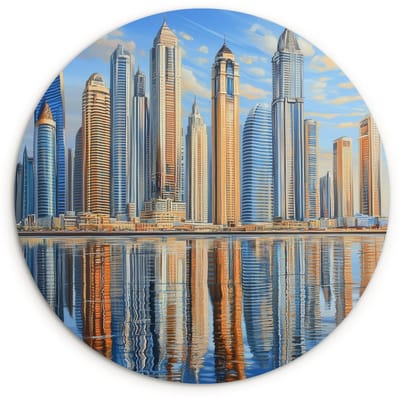 WallCircle® Wandcirkel 120x120 cm - Muurcirkel Skyline - Wolkenkrabbers - Water - Blauw - Muurdecoratie woonkamer - Wanddecoratie slaapkamer - Kamer decoratie accessoires - Ronde schilderijen XXL