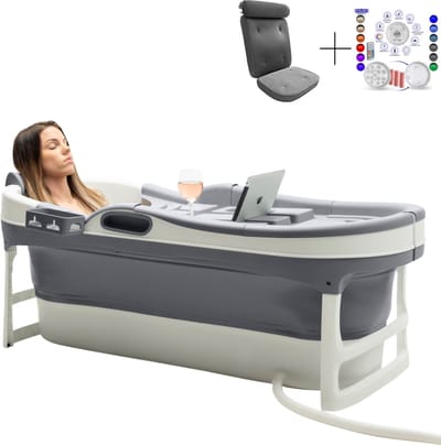 HelloBath® Opvouwbaar bad - XL James (Comfort) - Donker Grijs - 148 cm lang - Inklapbaar bad - Zitbad voor volwassenen - Bath Bucket - Extra: Luxe Badkussen, Deksels, Badlamp & Opbergtas